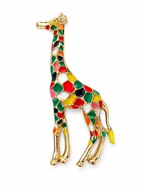Colorful Enamel Giraffe‎ Brooch – Gold Tone Statement Pin – Whimsical